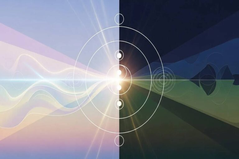 Abstract Dympigal energy illustration showing balanced light and dark waves with glowing geometric circles in the center.