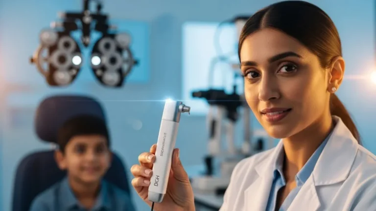 SEO-Optimized Alt Text (under 125 characters, includes main keyword naturally) Best one (119 characters): "Female ophthalmologist holding DGH A Scanmate Flex ultrasonic biometer with young patient in modern eye clinic