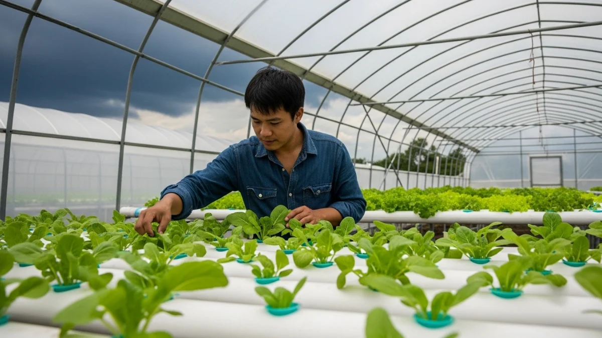 MyGreenBucks Kenneth Jones monitoring fresh hydroponic vegetable growth inside a modern greenhouse