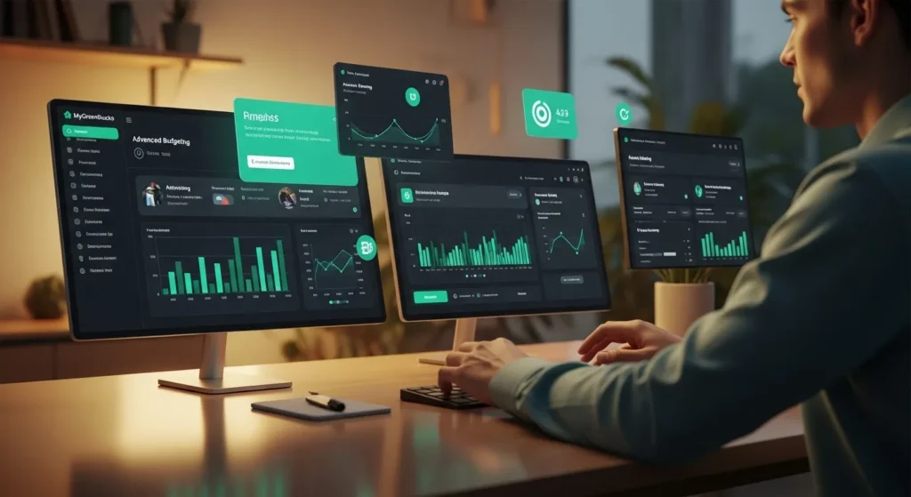 MyGreenBucks Kenneth Jones analyzing advanced financial dashboards on multiple screens in a modern workspace.