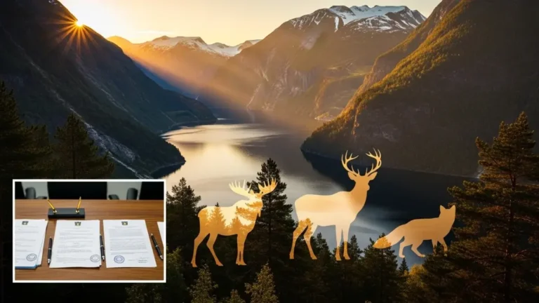 Viltnemnda wildlife silhouettes over a mountain lake at sunrise with official documents shown in corner.