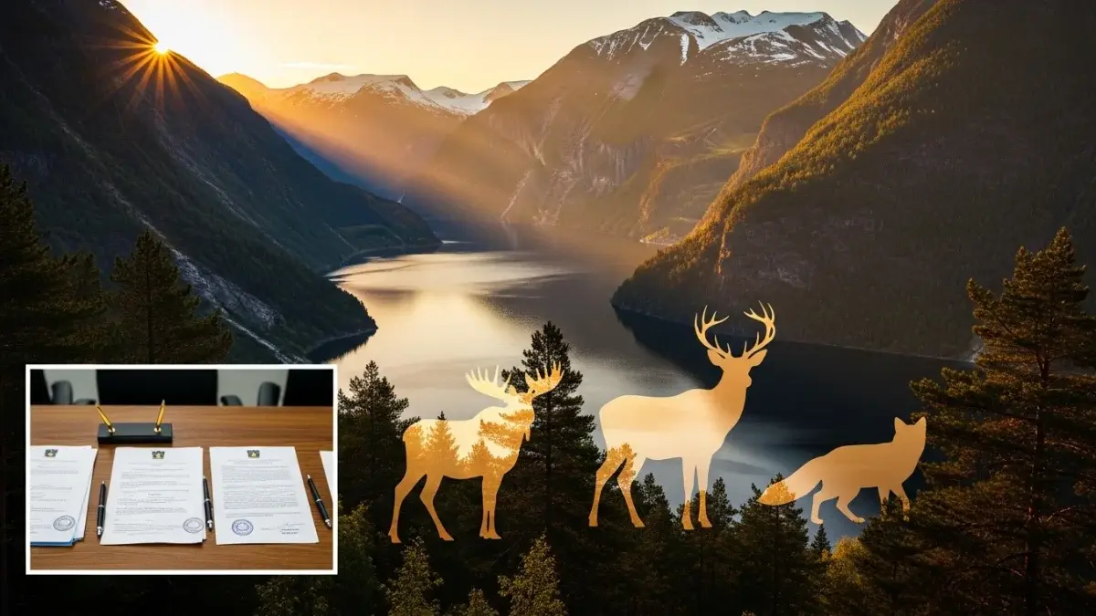 Viltnemnda wildlife silhouettes over a mountain lake at sunrise with official documents shown in corner.