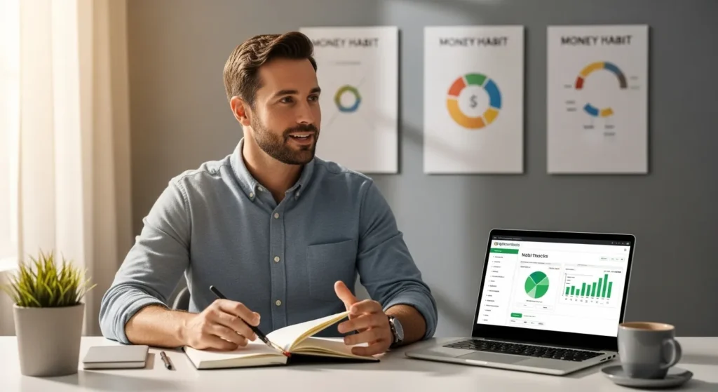 MyGreenBucks Kenneth Jones reviewing financial charts on a laptop while taking notes at a modern office desk