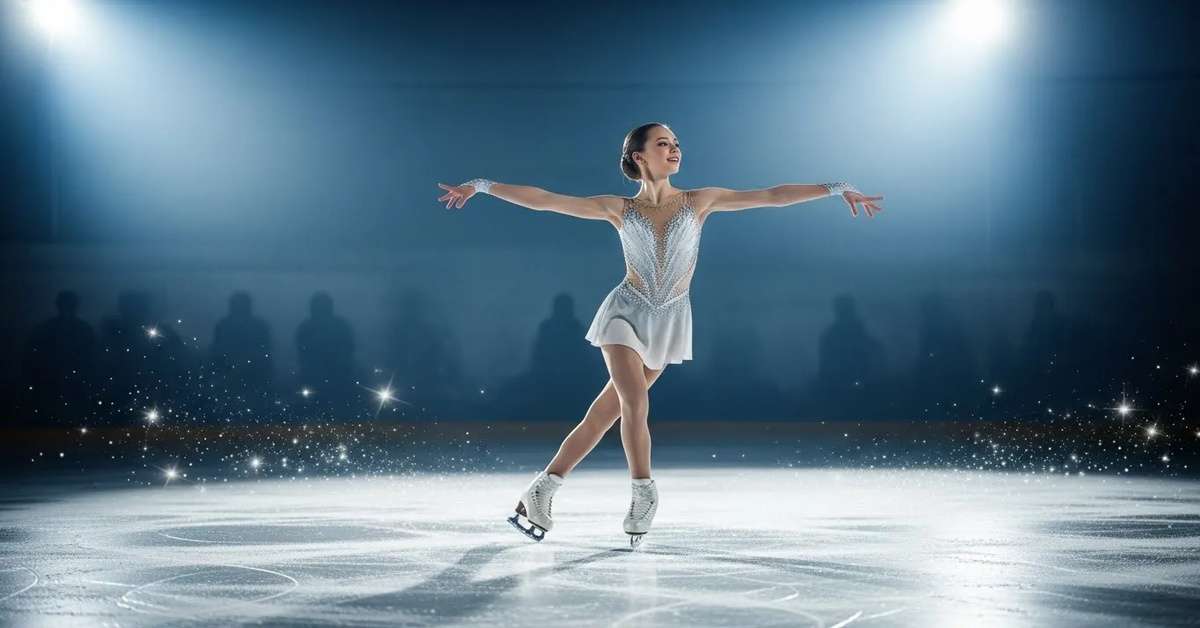 A graceful figure skater performing under bright arena lights, symbolizing the passion and dedication explored in “Why Does Ksayim Hsiung Want to Be an Ice Skater”.