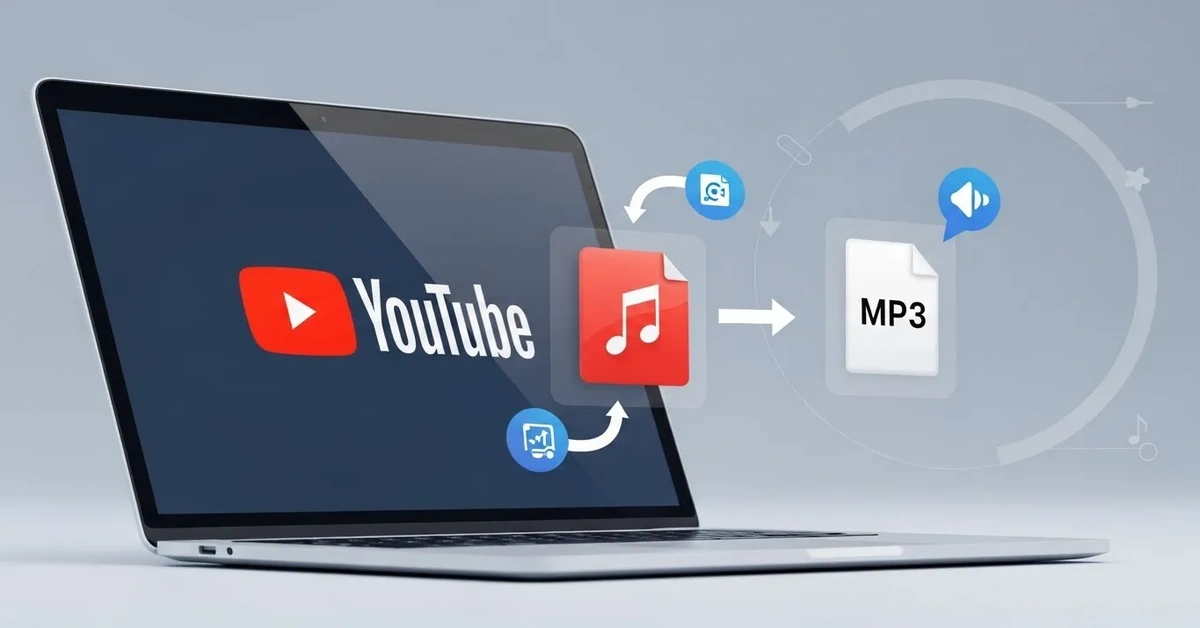 YTMP3 converter showing YouTube to MP3 conversion process on laptop screen with audio file icons and conversion arrows.