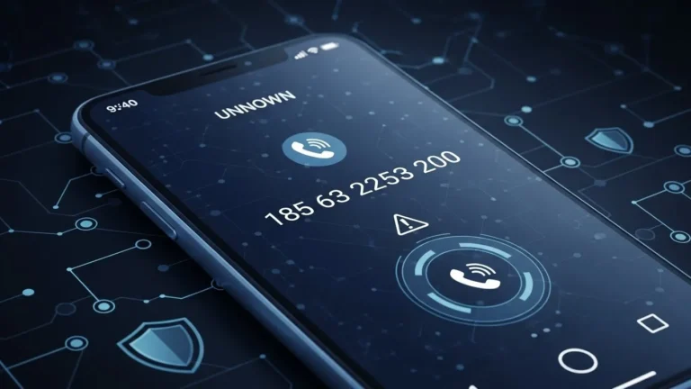 Unknown caller displaying 185 63 2253 200 on smartphone screen with warning alert icon and security shield.