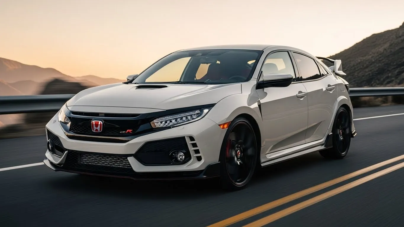 2018 Honda Civic Type R in white driving on mountain highway with aggressive front splitter visible.