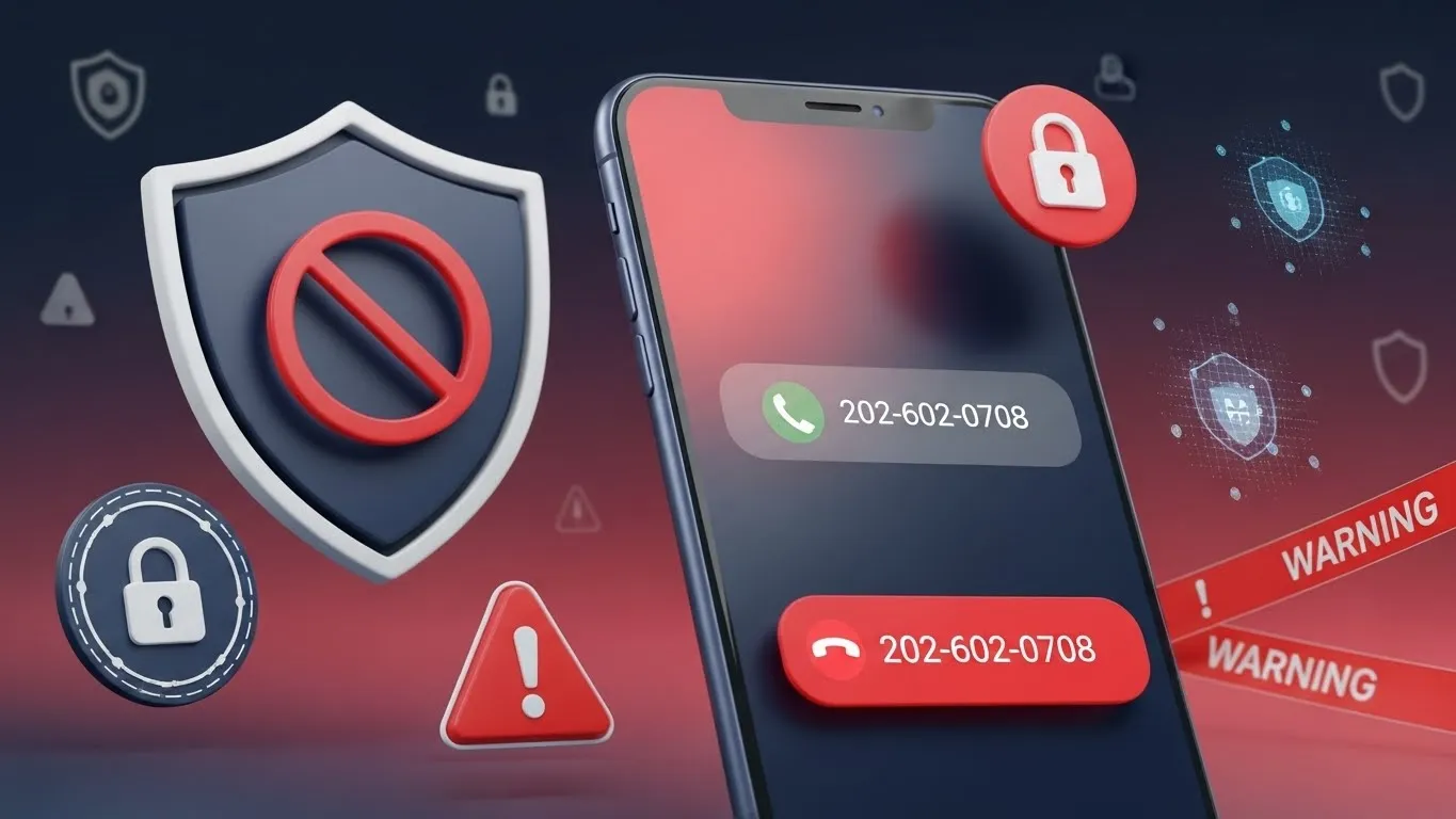 Smartphone receiving scam call from 202-602-0708 with red warning shield, lock icons and prohibition symbol on dark background.