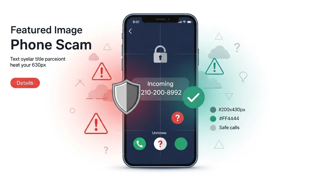 Smartphone showing incoming call from 210-200-8992 with security shield and warning symbols for phone scam protection.