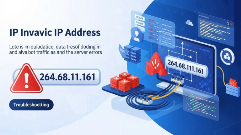 Server alert illustration showing IP 264.68.111.161 with network errors and troubleshooting warning icons.