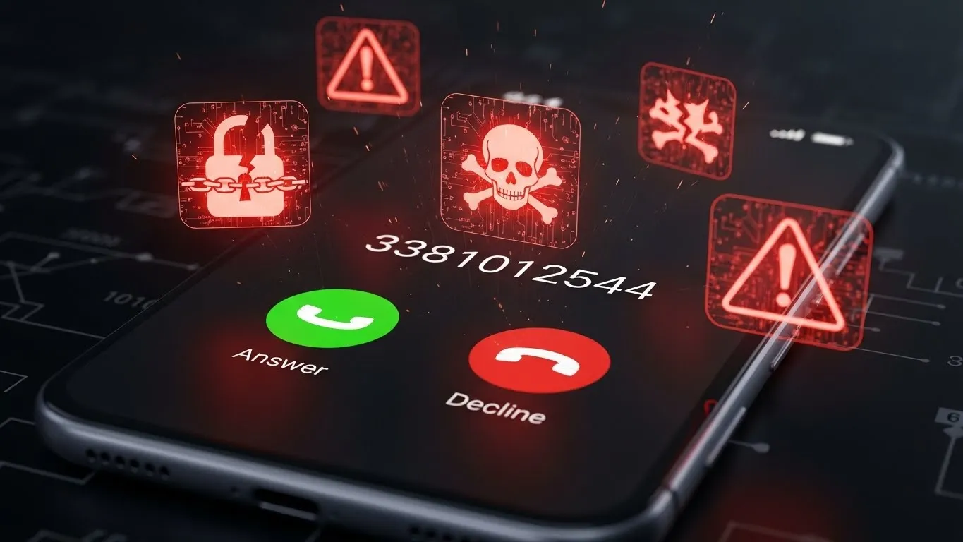 Incoming scam or spam call on smartphone from 3381012544 with warning icons showing potential security threats