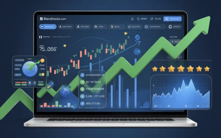 5StarStocks.com AI stock analysis dashboard showing 5-star ratings, real-time charts, portfolio analytics, and market trends.