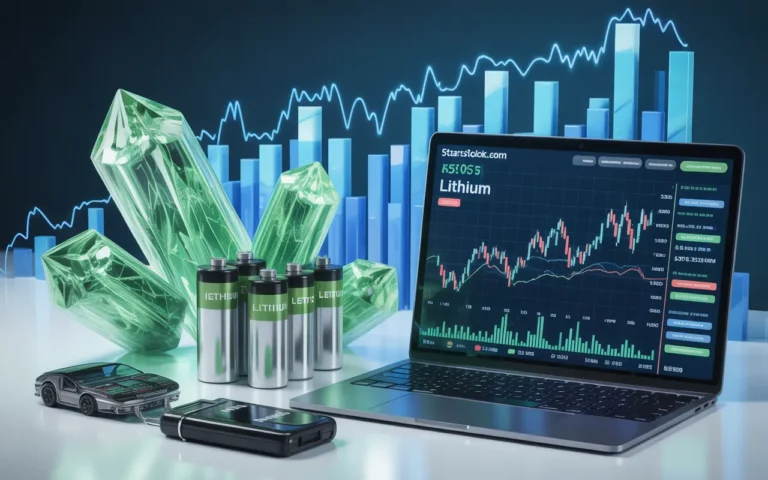 5StarStocks.com Lithium stock analysis showing RSI055 trading chart, lithium crystals, batteries and EV market trends.