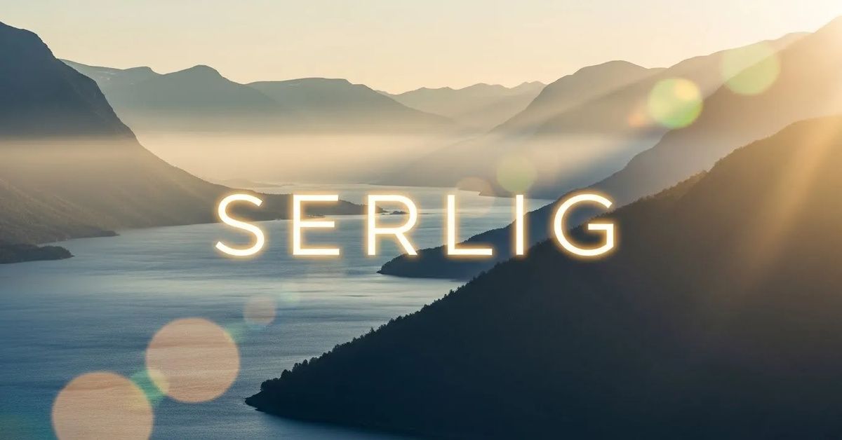 Serlig - Scandinavian fjord landscape at sunrise with glowing text, representing uniqueness and tranquility.