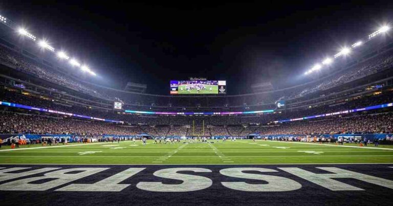 Baltimore Ravens vs New York Giants match player stats game at MetLife Stadium showing packed crowd and illuminated field.