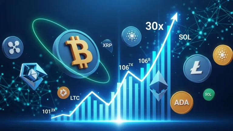 Crypto 30x Crypto Investments growth chart displaying Bitcoin BTC, altcoins and exponential uptrend with blockchain network.