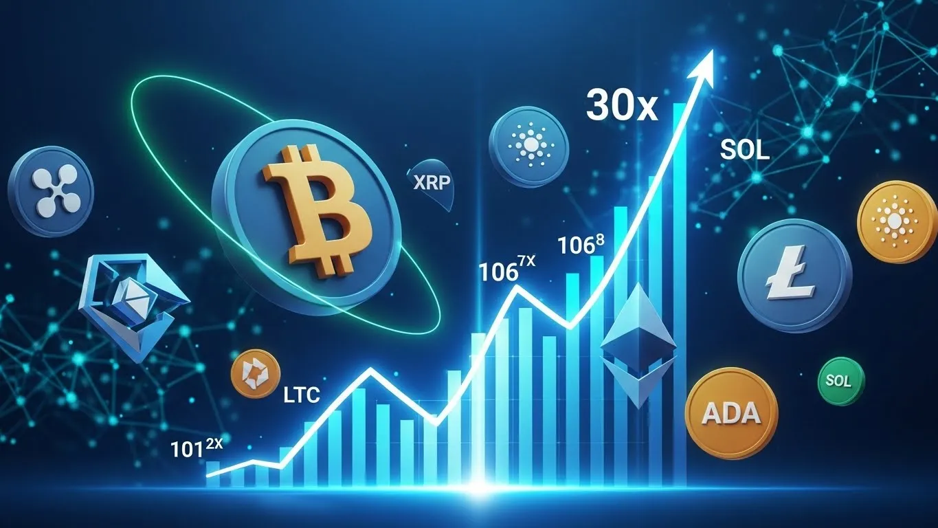 Crypto 30x Crypto Investments growth chart displaying Bitcoin BTC, altcoins and exponential uptrend with blockchain network.