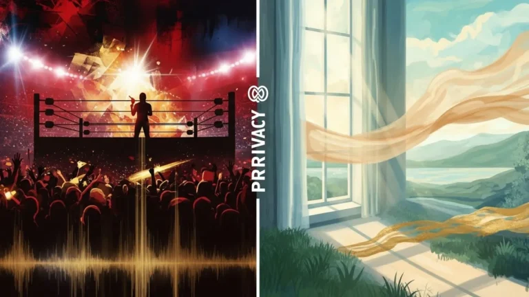 Jodi Lynn Calaway privacy contrast: public wrestling spotlight vs peaceful private life window view, fame versus tranquility.