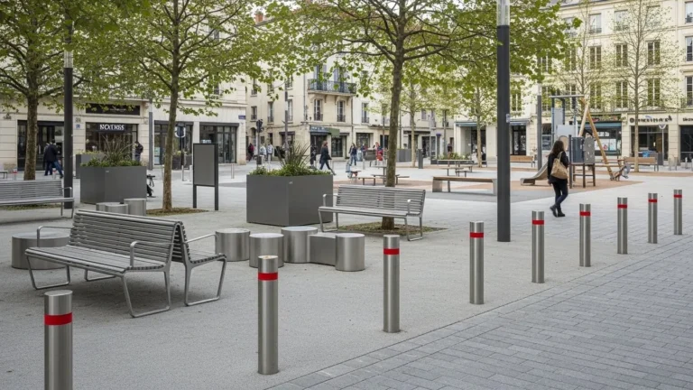 Axurbain modern urban street furniture with metal benches bollards and seating design.