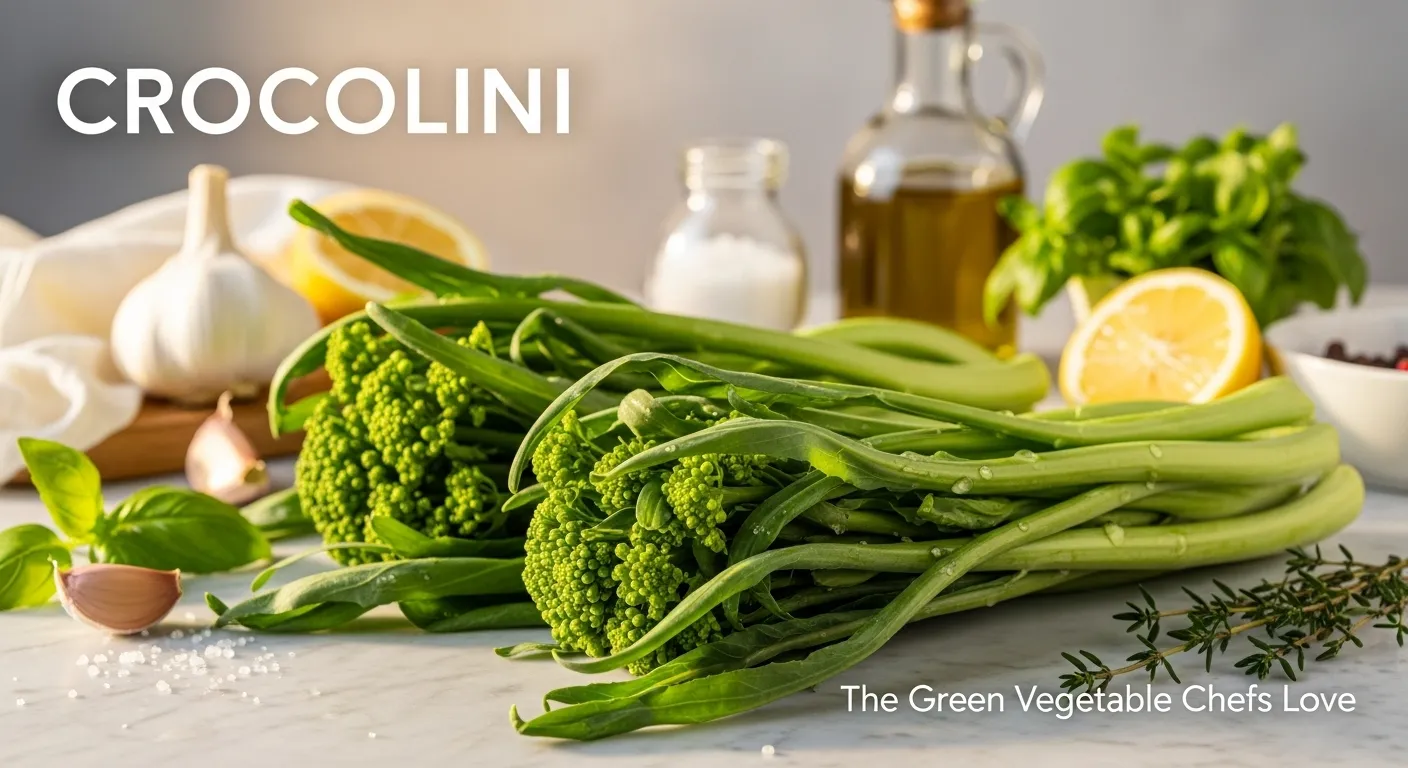 Fresh crocolini vegetable with tender green stems and florets, surrounded by cooking ingredients like garlic, lemon, and olive oil.