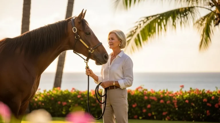 Charlene Gail Heffner with horse at Hawaii ranch overlooking ocean with palm trees.
