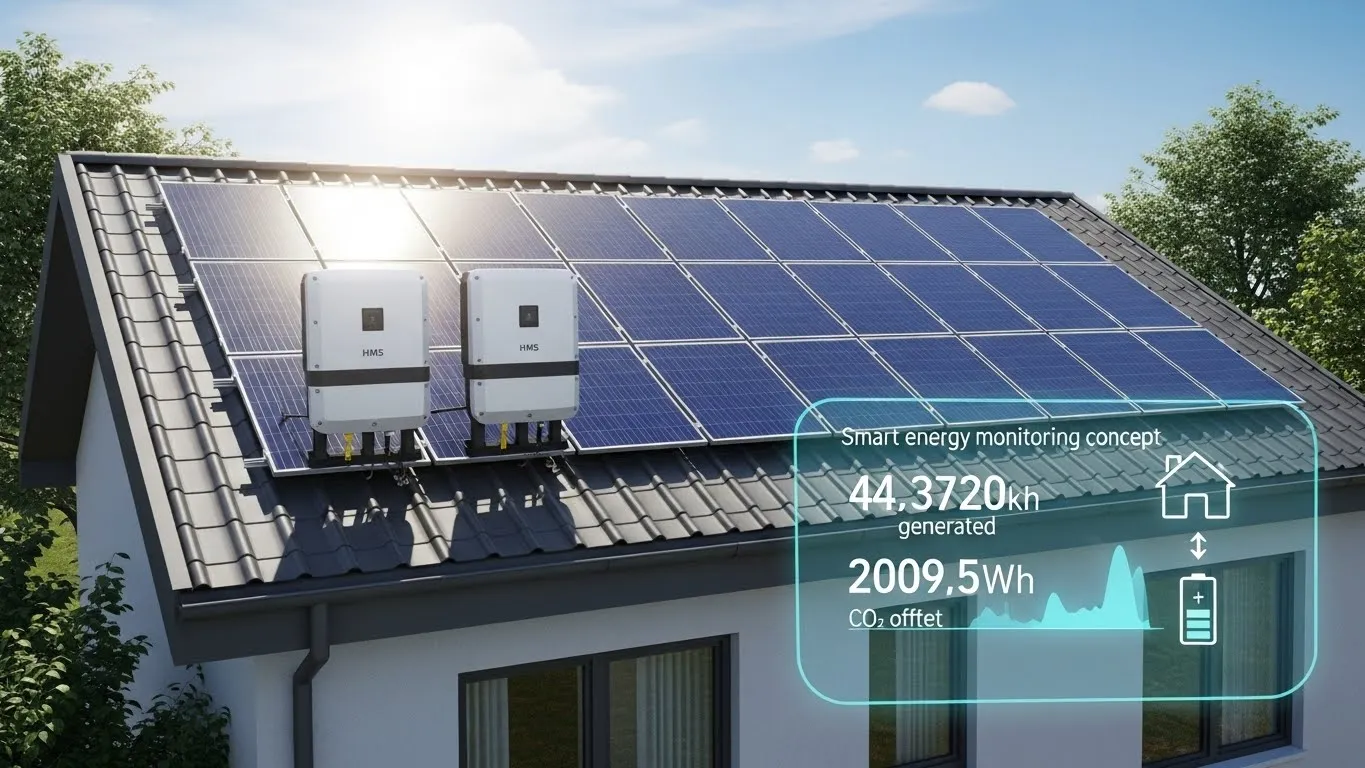 HMS Photovoltaik solar panel system on residential roof with microinverters and smart energy monitoring dashboard.