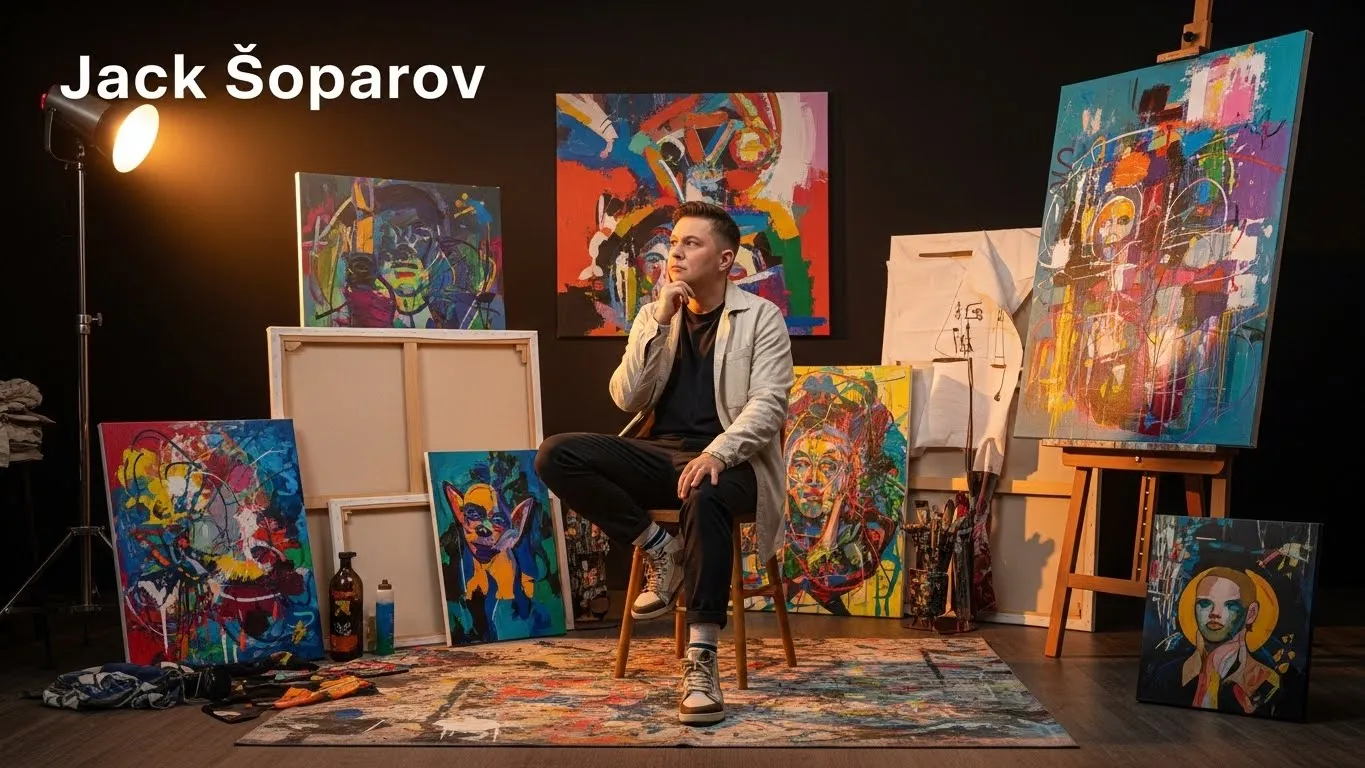 Jack Şoparov sitting thoughtfully in his creative studio surrounded by vibrant colorful abstract artwork and contemporary art paintings.
