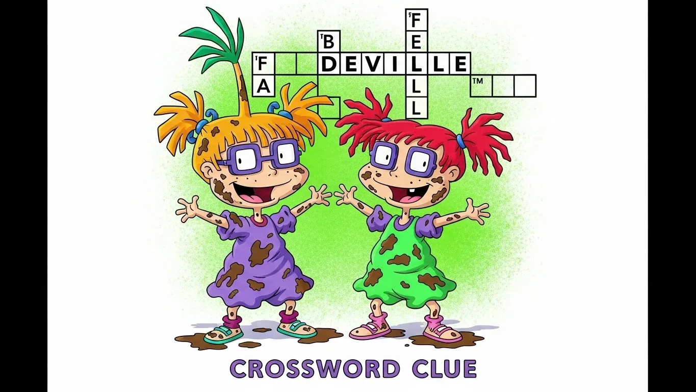 Phil and Lil DeVille from Rugrats standing in mud with a crossword puzzle grid showing the DEVILLE answer above them.